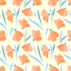 Flowers Peach fuzz color trend year 2024 pattern with blue leaves on pastel yellow background.