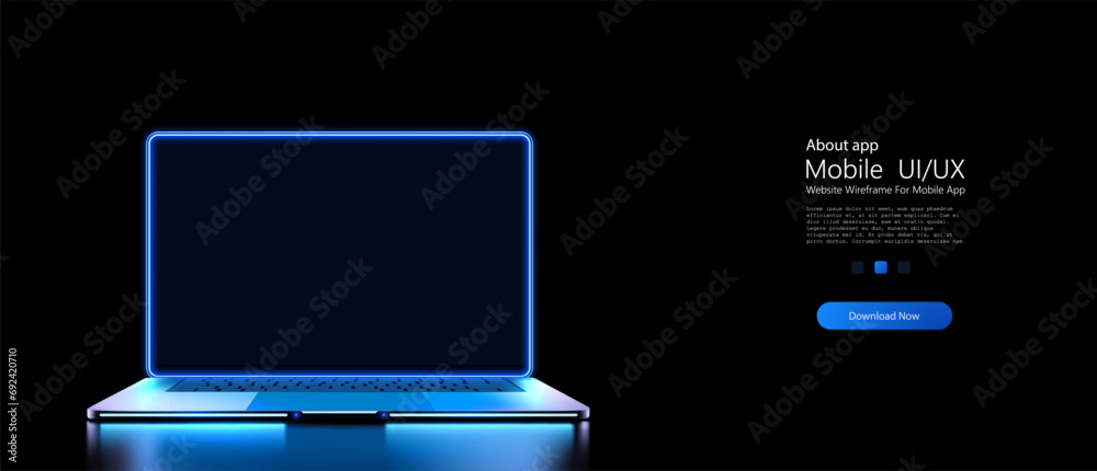 Aufkleber futuristic glowing laptop concept with neon blue lights on dark background for high-tech computing. 