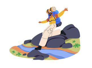 Happy hiker explorer travels. Backpacker adventure in nature. Active man hiking alone with backpack, jumping over river stream outdoors. Flat graphic vector illustration isolated on white background