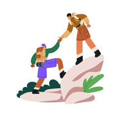 Helping in climbing mountain, cliff. Hiker backpacker on rock. Friend giving hand to climber. Tourists during nature adventure, travel. Flat graphic vector illustration isolated on white background