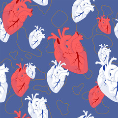 Beautiful seamless pattern of realistic white and red hearts on blue background with abstract lines. Hand drawn illustration for original St Valentine's Day, cardiology materials or clinic decor.