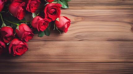 Naklejka na ściany i meble Roses and hearts on a wooden board Valentine's Day background, wedding day