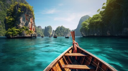 Tropical turquoise waters with Thai longtail boats gliding past coral reefs and islands in Thailand's Andaman Sea. - obrazy, fototapety, plakaty