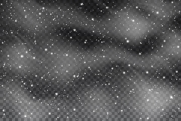 Falling realistic snowflakes, fog and wind on a transparent background for winter decor. Frost storm effect. New Year and Christmas background with snow in the air. Snow wallpaper, decorative element.