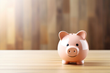 Pink piggy bank on wooden table, the concept of storage, accumulation