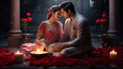 Beautiful indian couple in traditional clothes sitting on the grave at cemetery