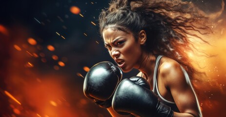 A girl boxing against the backdrop of the arena lights.