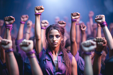 A woman raises her fist among others, demanding women's rights: a powerful unified image for equality and empowerment.