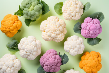 Mix of white, purple, green and yellow cauliflower vegetables