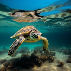 Big Sea Turtle Swimming with in ocean. Green Sea Turtle cruises in the warm waters of the Pacific Ocean