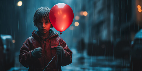 sad looking child with a red balloon in his hand stands in the rain on a empty street as a symbol...
