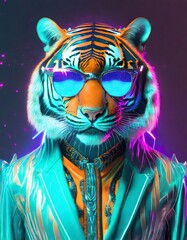 VIP Tiger standing in a night club with sunglasses wearing a luxury suit, neon disco background with copy space