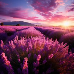 Obraz premium Lavender field sunset and lines. Beautiful lavender blooming scented flowers at sunset