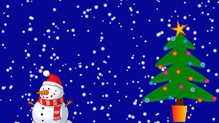Snowman with snowy Christmas tree and snowfall