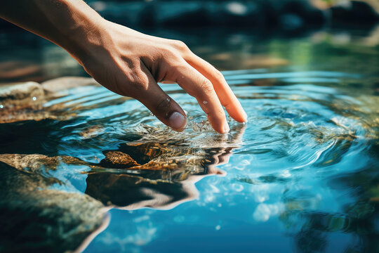 Woman's hand touching water in the midst of nature