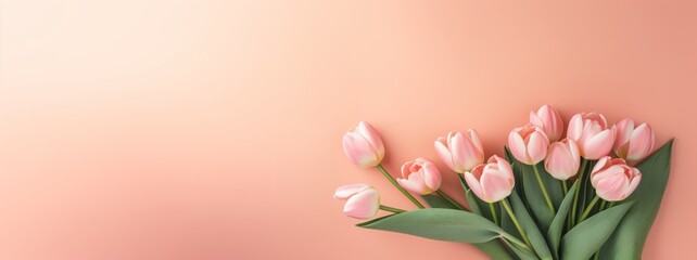 Fototapeta na wymiar Beautiful composition spring flowers Bouquet of tulips flowers on pastel background in peach fuzz