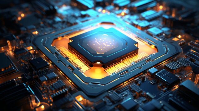 gpu chip close-up, integrated circuit board, with orange elements