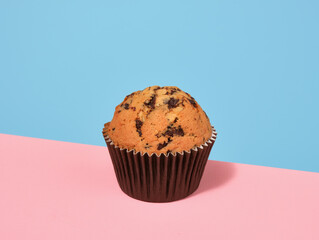 Fresh baked muffin with chocolate chunks. Delicious dessert and sweet delight.