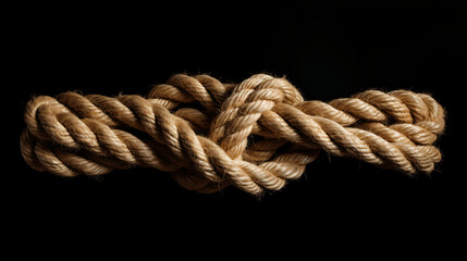 The Gordian knot of rough rope is isolated on a black background