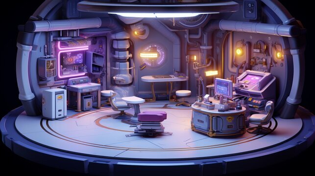 cute 3d starbase, inner technical room, isometric