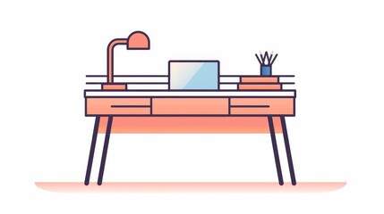 A cute desk，with a white background, minimalist vector illustrations, Morandi color scheme, two tone linear icon vector illustrations