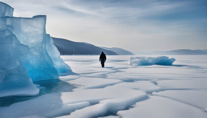 Frozen Expedition: Tourist Walking on the Cracked Ice of Baikal Lake