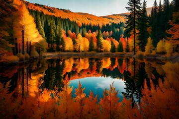 A reflective lake nestled in a valley, surrounded by a mix of deciduous and coniferous trees, with their vibrant foliage creating a mosaic of autumn colors