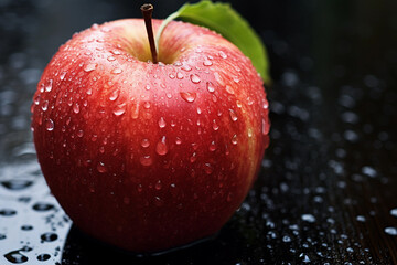 Fresh apple adorned with glistening raindrops of water