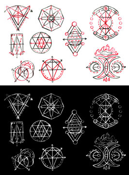 Design set with sacred geometry elements, shapes and patterns styled with textures. Mystic, esoteric and occult background.