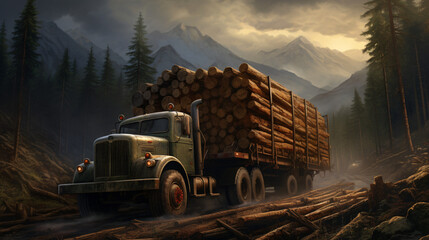 Timber truck in the Carpathian mountains - obrazy, fototapety, plakaty
