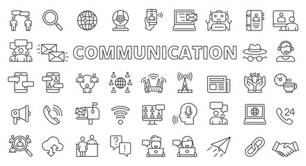 Communication icons line design. Connection, Network, Team, Video call, Contact, Correspondence vector illustrations. Graphs and charts editable stroke icons.