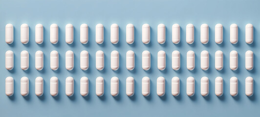 row of white pills on a blue background, wallpaper, medicine, pill, pills, capsule, capsules, drug, addiction, opioid crisis, overdose - obrazy, fototapety, plakaty