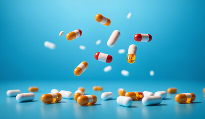 colorful pills falling on a blue background, medicine, pill, pills, capsule, capsules, drug, addiction, opioid crisis, overdose - obrazy, fototapety, plakaty