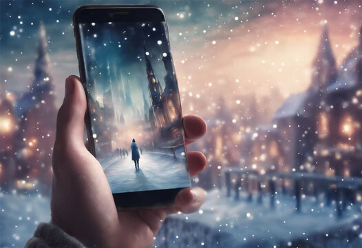 Natale Hi-Tech- Smartphone con Atmosfera Natalizia su Sfondo di Città Innevata