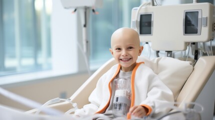 A portrait of a bald young patient boy smiling in a cancer hospital bed in a medical care hospice bald after course chemotherapy. Children with cancer concept - obrazy, fototapety, plakaty