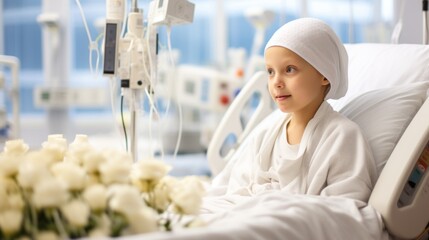 Fototapeta premium A portrait of a bald young patient boy smiling in a cancer hospital bed in a medical care hospice bald after course chemotherapy. Children with cancer concept
