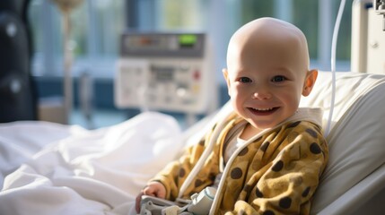 A portrait of a bald young patient boy smiling in a cancer hospital bed in a medical care hospice bald after course chemotherapy. Children with cancer concept - obrazy, fototapety, plakaty