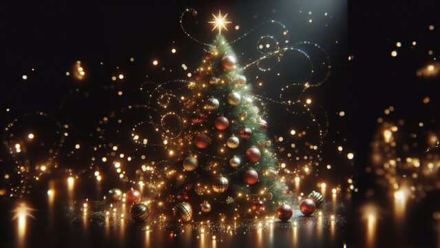 a christmas tree with ornaments and lights on it, a 3D render, pixabay contest winner, computer art, bokeh, black background, behance hd