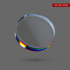 3d transparent glossy round disc with dispersion effect. Rainbow colors reflection glass. Vector illustration.