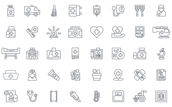 Set line Icons of Medical Assistance Related Vector Simple.  Contains such Icons as Crutches, Xray, Hospital Locator, Ambulance and more