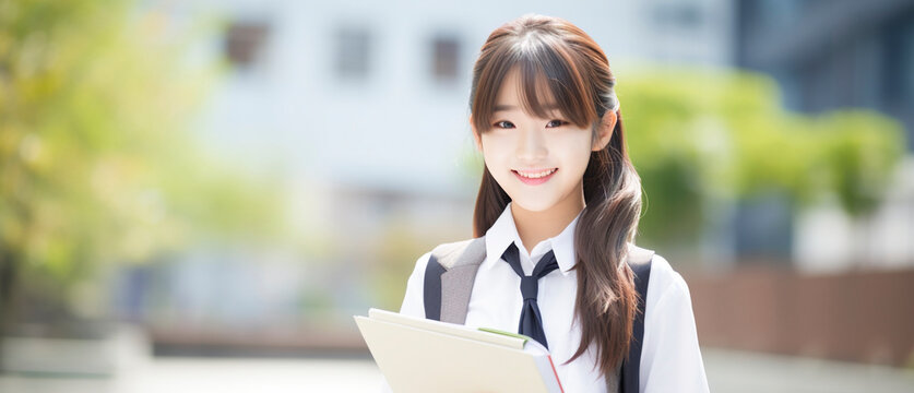 Smiling Japanese schoolgirl holding book and looking at camera, background blur, copy space , generative ai