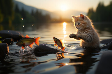 A cat trying to catch fish in the river at sunrise scene use for the World Fisheries Day - obrazy, fototapety, plakaty
