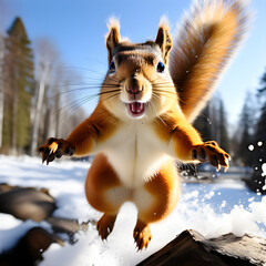 Capture the acrobatic prowess of playful squirrels in mid-air stunts and nimble feats. High-speed shots showcase their agility navigating trees, perfect for dynamic and captivating stock imagery.