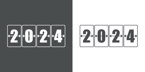 Feliz año nuevo. Logo con número 2024 en fuente tipo pantalla de aeropuerto o marcador de panel digital para su uso en felicitaciones y tarjetas