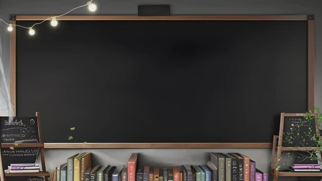 Blank blackboard or chalkboard and books, classroom background, virtual class, world Book Day, back to school. Seamless looping 4K animation.