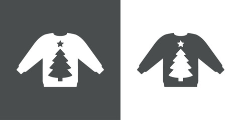 Logo con silueta de suéter feo de navidad con estampado de árbol de navidad con estrella para su uso en tarjetas y felicitaciones - obrazy, fototapety, plakaty
