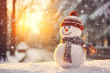 Cute snowman outside. Winter games, molding a snowman, new year and Christmas.