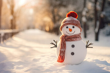 Cute snowman outside. Winter games, molding a snowman, new year and Christmas.