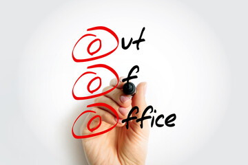 OOO Out Of Office - used in professional contexts to indicate that someone is unavailable for work, acronym text concept background