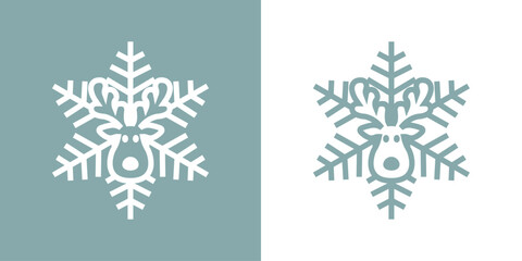 Tiempo de Navidad. Silueta lineal de copo de nieve con cabeza de reno Rudolph para su uso en felicitaciones y tarjetas - obrazy, fototapety, plakaty